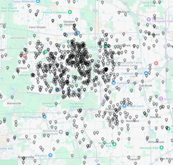 Vesta Appliance Repair Service Area Map showing coverage in DuPage County including Wheaton, Glen Ellyn, Lombard, and Downers Grove